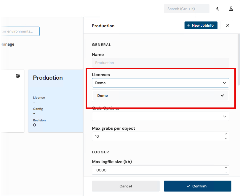 A rectangle indicates a license in the Licenses list in the environment's properties pane.